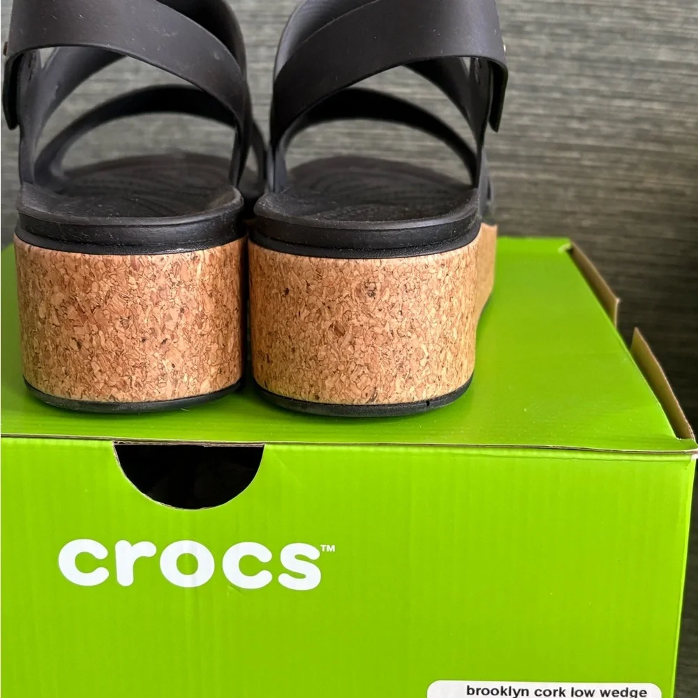 CROCS Women's Black Cork Low Wedge Sandals - Picture 5 of 6